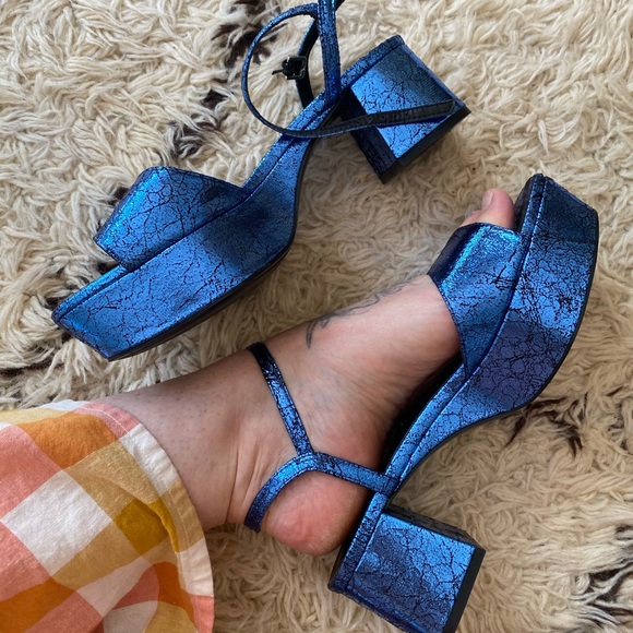 Blue Metallic Zara Platform Block Heel Sandal Size 38 - Picture 5 of 6